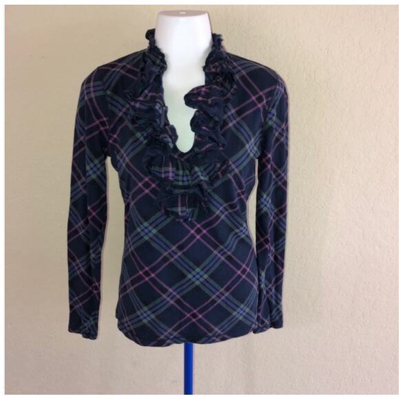 Ralph Lauren Womens Shirt Plus Size 3X Plaid Navy Blue Ruffle Collar Fall Preppy - Picture 1 of 9